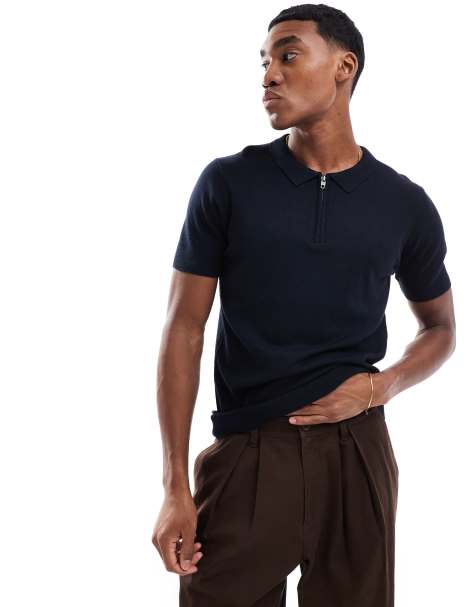 French Connection knitted half zip polo tee in navy - view 1