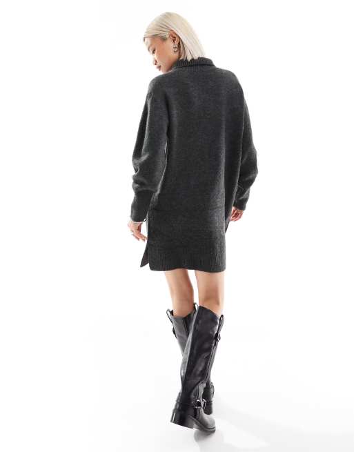 French Connection knitted jumper dress with half zip in grey | ASOS