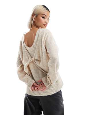 French Connection knitted jumper with twist back detail in taupe melange-Neutral