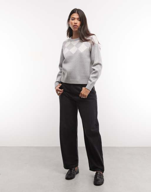 French Connection knitted light grey argyle print jumper in charcoal/pink, 3 of 4