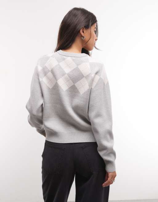 French Connection knitted light grey argyle print jumper in charcoal/pink, 4 of 4