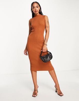 French Connection knitted midi dress in tan