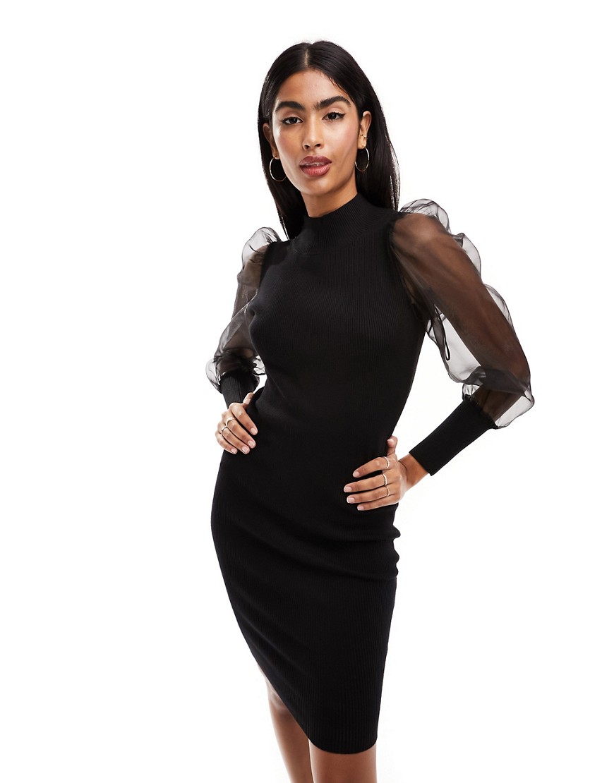 French Connection knitted midi dress with organza sleeve in black