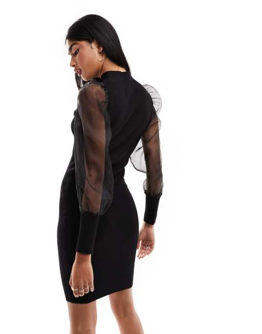 bronx and banco black dress Bronx and Banco Fire Mini Crepe Black Dress with Feather - BOPF