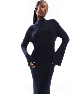 French Connection Knitted Midi Jumper Dress With Flare Sleeve In Navy