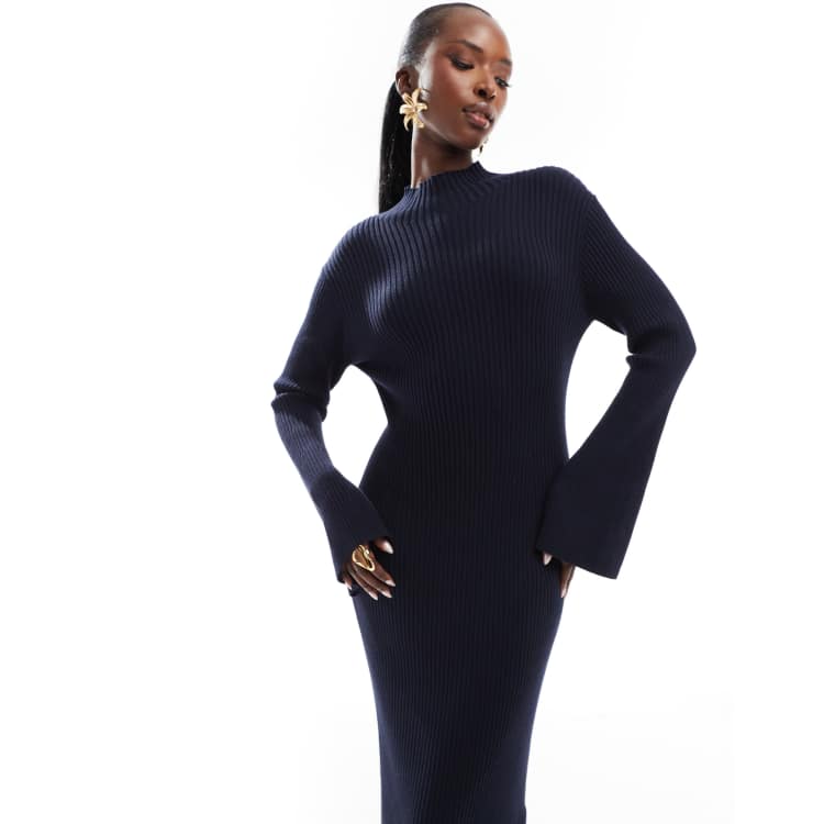 French Connection knitted midi jumper dress with flare sleeve in navy | ASOS