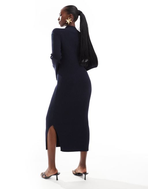 French Connection knitted midi jumper dress with flare sleeve in navy ASOS