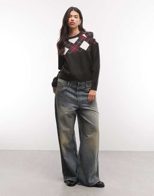 French Connection knitted rose pink argyle print jumper in charcoal/burgundy, 2 of 4