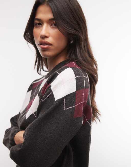 French Connection knitted rose pink argyle print jumper in charcoal/burgundy, 3 of 4