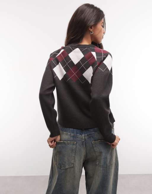 French Connection knitted rose pink argyle print jumper in charcoal/burgundy, 4 of 4