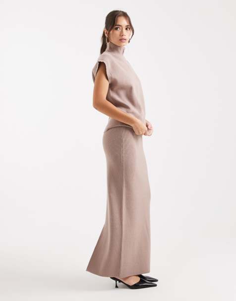 French Connection knitted tube midi skirt co-ord in taupe - view 1