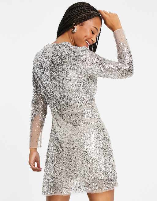 French Connection knot front sequin mini dress in silver ASOS