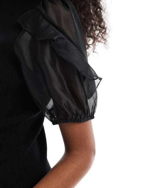 French Connection Kristine knit top with organza sleeves in black, 4 of 4