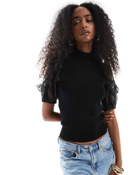 French Connection – Kristine – Svart, stickad topp med organza-ärm - view 1