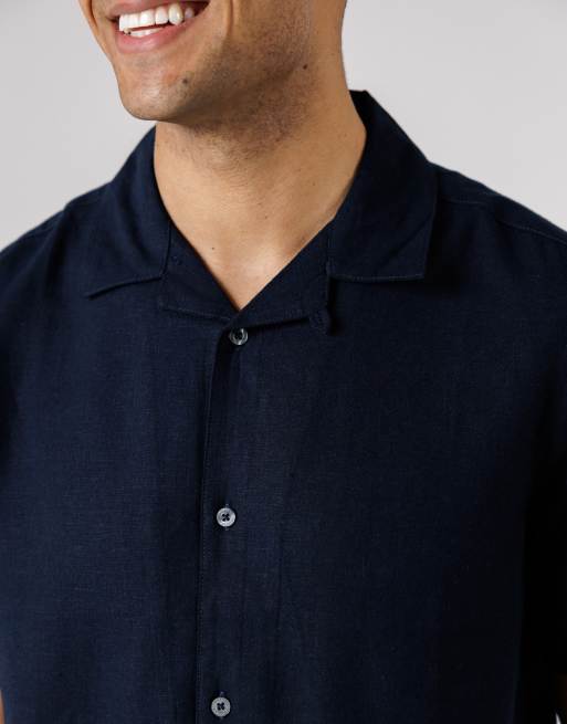 French Connection – Kurzärmliges Leinenmix-Hemd in Marineblau mit Reverskragen, 2 von 4