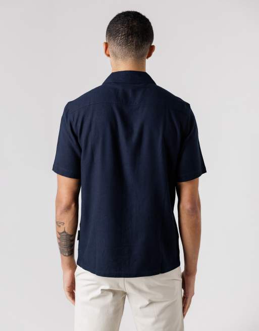 French Connection – Kurzärmliges Leinenmix-Hemd in Marineblau mit Reverskragen, 4 von 4
