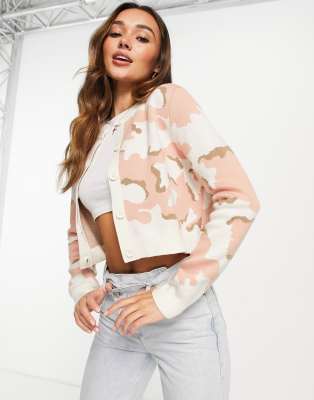 French Connection Kylah knitted cardigan in oversized pink camo