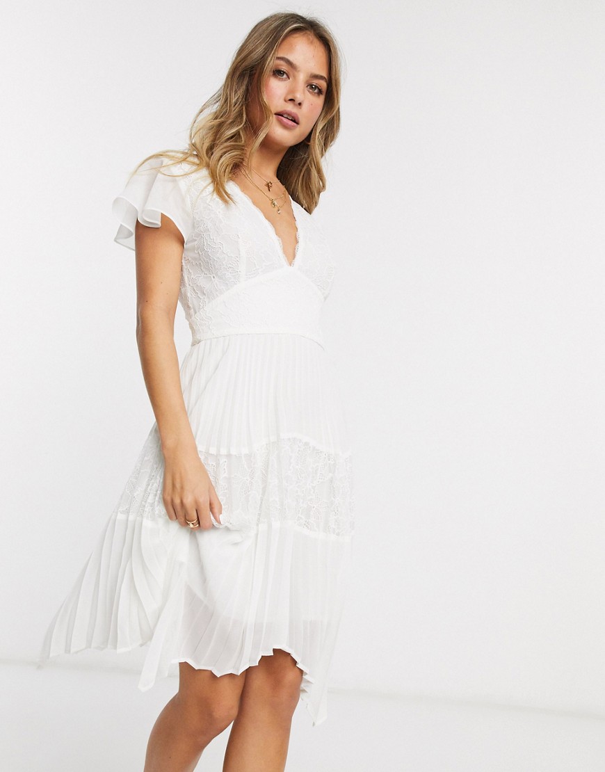 French Connection lace pleated hankerchief hem mini dress in summer white
