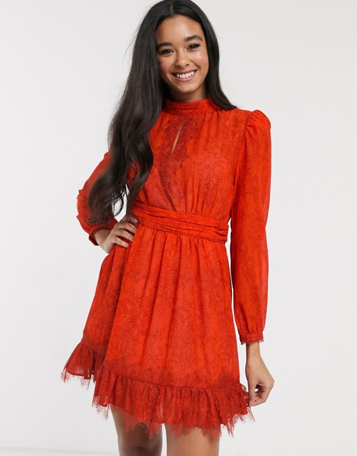 French Connection lace printed mini skater dress in poppy red