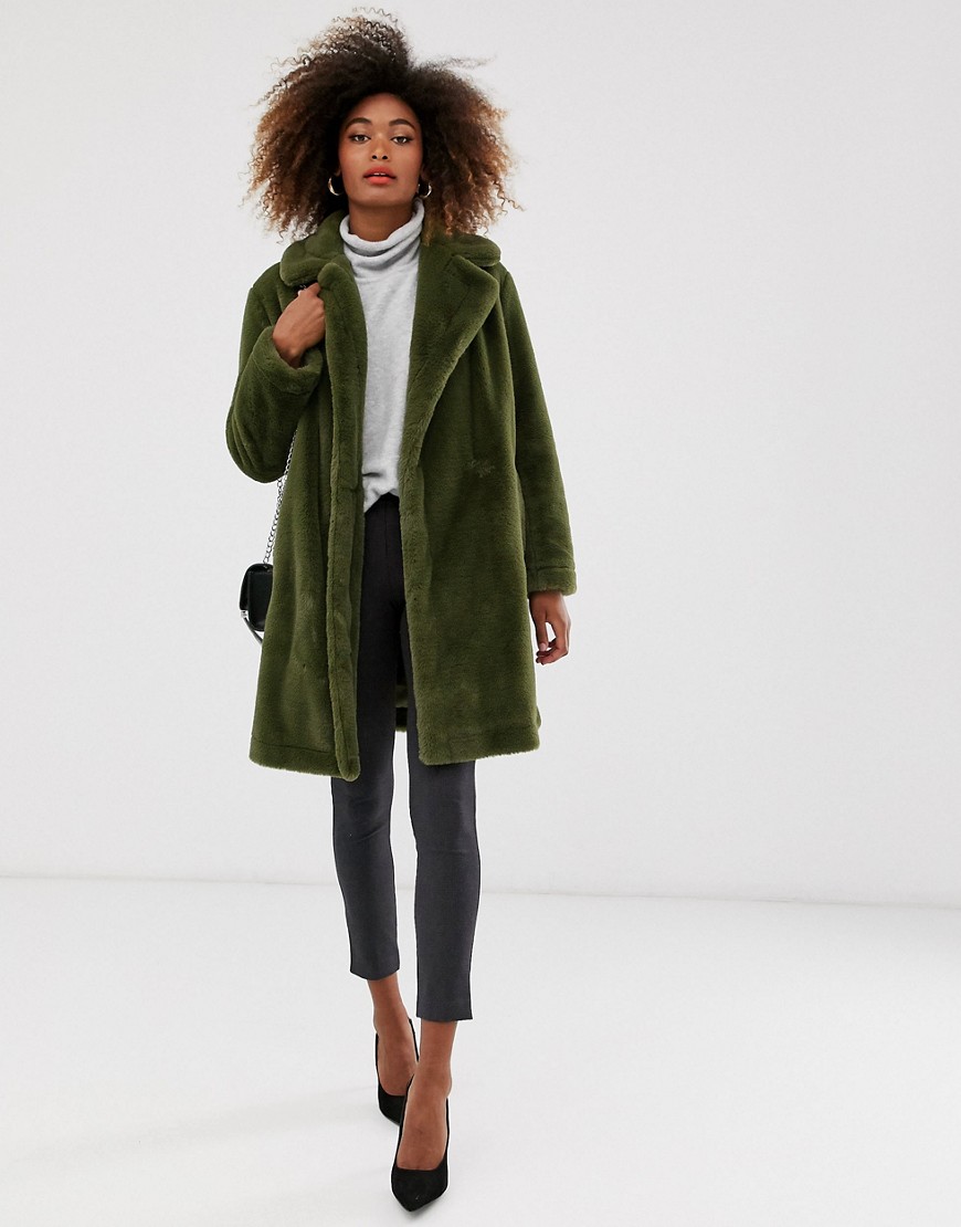 French Connection -lang frakke i imiteret pels-Grøn