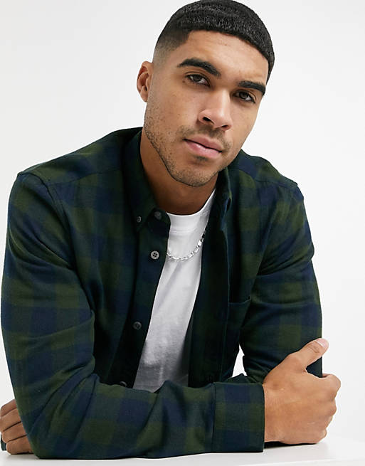 French Connection large gingham flannel shirt in dark green | ASOS