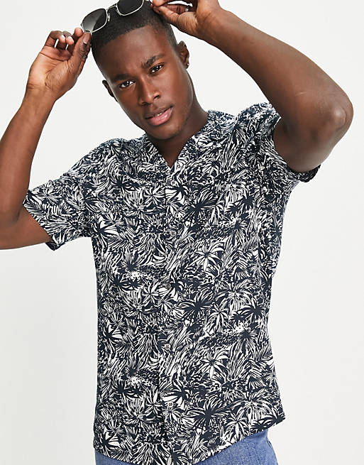 French Connection leaf print revere collar shirt in navy | ASOS