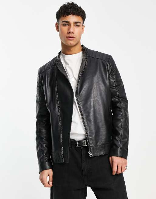 French Connection leather biker jacket in black | ASOS