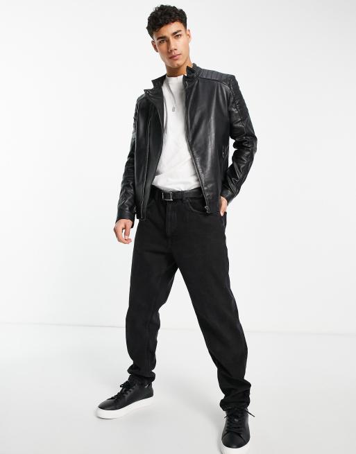 French Connection leather biker jacket in black ASOS