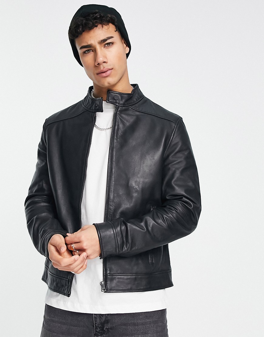 French Connection Leather Bomber Jacket In Black | ModeSens