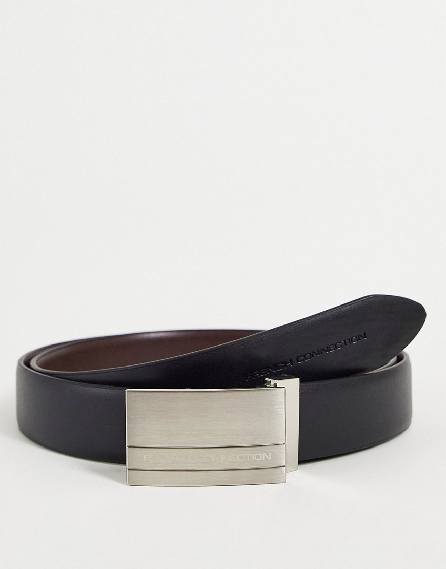 French Connection Leather Reversible Plaque Buckle Belt In Black/brown