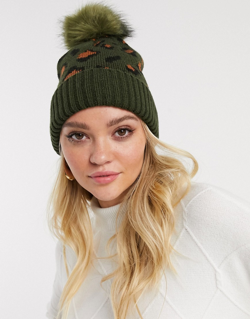 French Connection leopard print pom pom beanie hat co-ord-Black