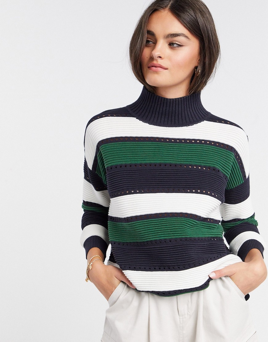 French Connection Liliya Stripe Knit Lace Hole Sweater-Blue