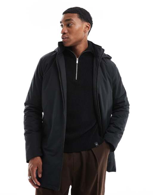 French Connection lined mac jacket with hood in black