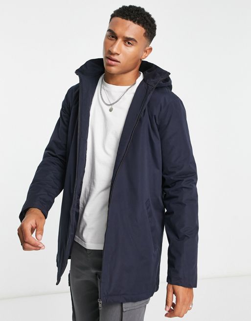 French Connection lined mac jacket with hood in navy | ASOS