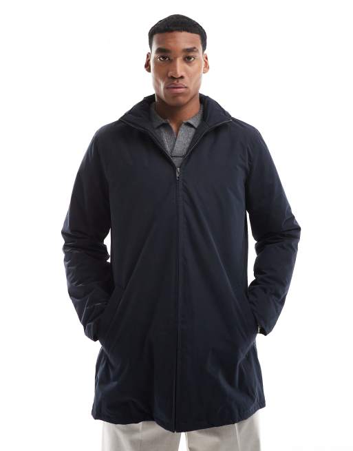 French Connection lined mac jacket with hood in navy