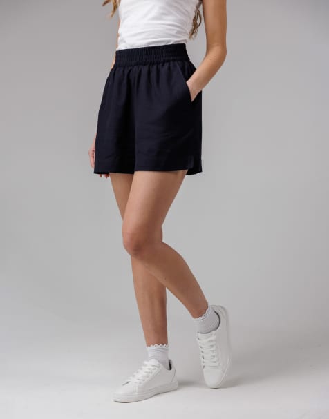 French Connection linen blend elasticated waist shorts in navy - view 1