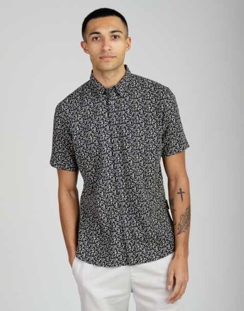 French Connection Linen blend leaf print short sleeve chest pocket shirt in navy - view 1