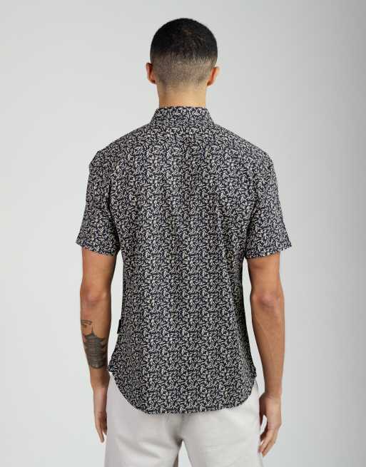 French Connection Linen blend leaf print short sleeve chest pocket shirt in navy, 3 of 4