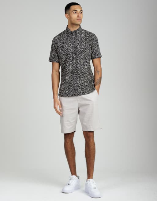 French Connection Linen blend leaf print short sleeve chest pocket shirt in navy, 4 of 4