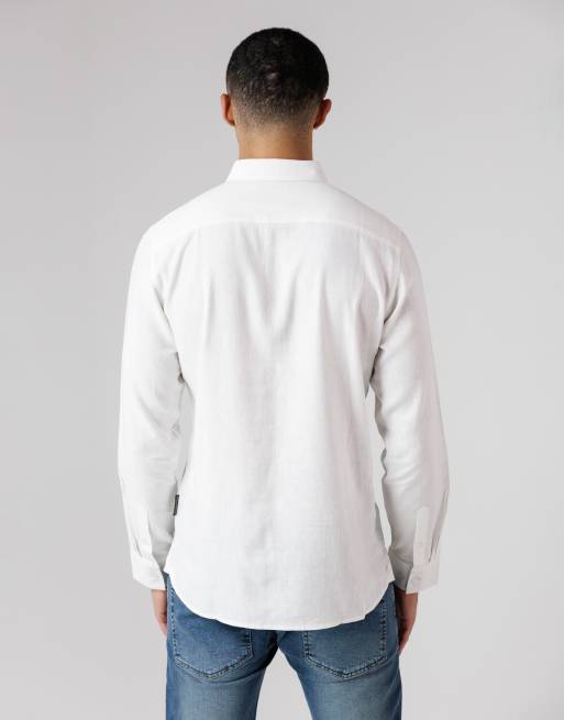 French Connection Linen blend long sleeve chest pocket shirt in white, 3 of 3