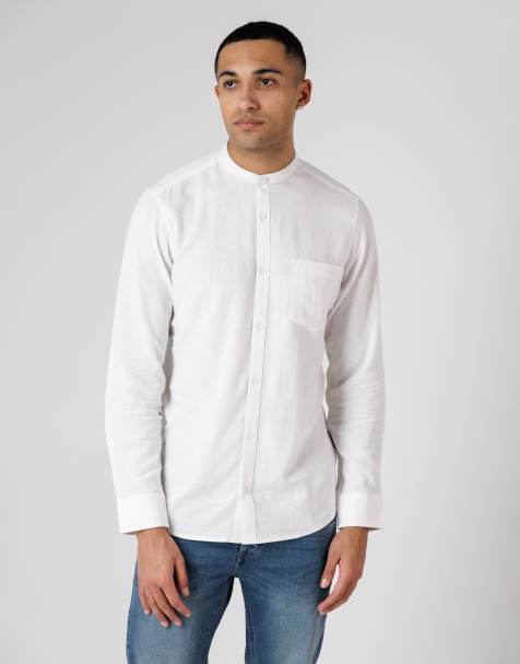 French Connection Linen blend long sleeve grandad collar chest pocket shirt in white - view 1