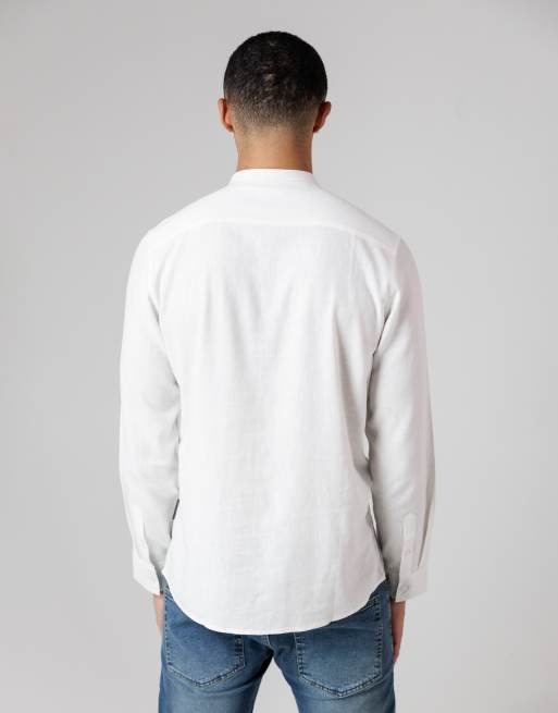 French Connection Linen blend long sleeve grandad collar chest pocket shirt in white, 4 of 4