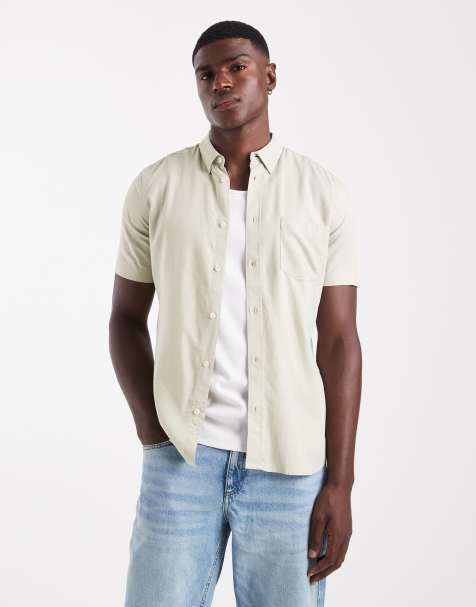 French Connection Linen blend short sleeve chest pocket shirt in light green - view 1