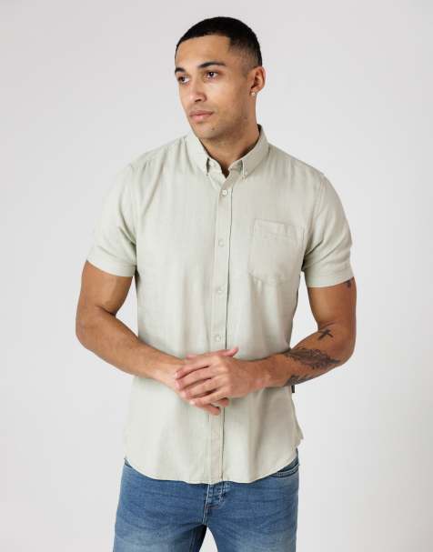 French Connection Linen blend short sleeve chest pocket shirt in light green - view 1
