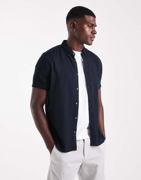 French Connection Linen blend short sleeve chest pocket shirt in navy - view 1