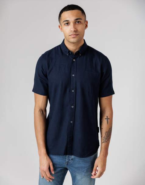 French Connection Linen blend short sleeve chest pocket shirt in navy - view 1