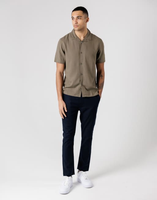 French Connection Linen blend short sleeve revere collar shirt in khaki, 3 of 4