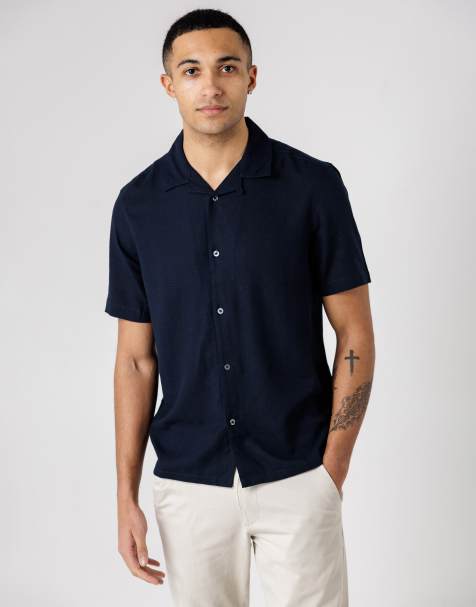French Connection Linen blend short sleeve revere collar shirt in navy - view 1