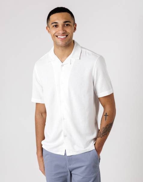 French Connection Linen blend short sleeve revere collar shirt in white - view 1