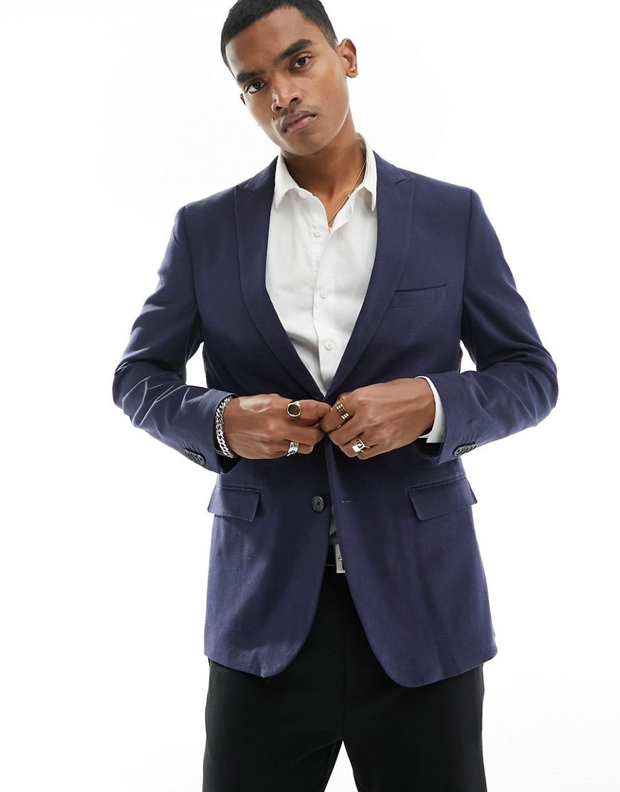French Connection Linen Look Formal Suit Jacket In Blue